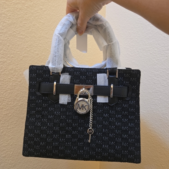 Michael Kors Small Hamilton  Logo Embossed Washed Denim Satchel - Picture 13 of 14